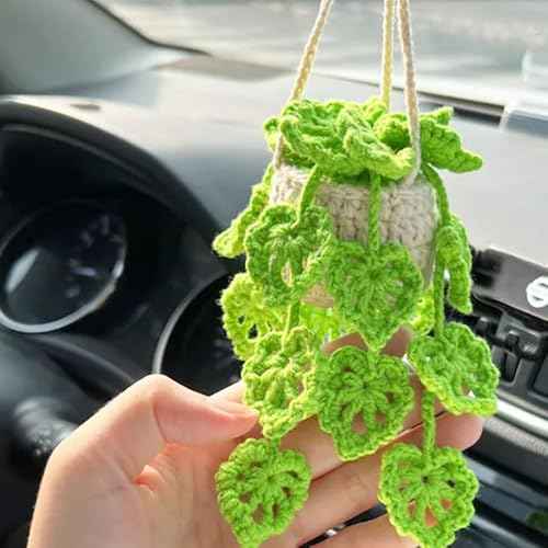 Car Hanging Ornament Knitted Boho Plant for Decor,Cute Crochet Car Hanging Plant Basket Ornament Rear View Mirror Decoration Accessories