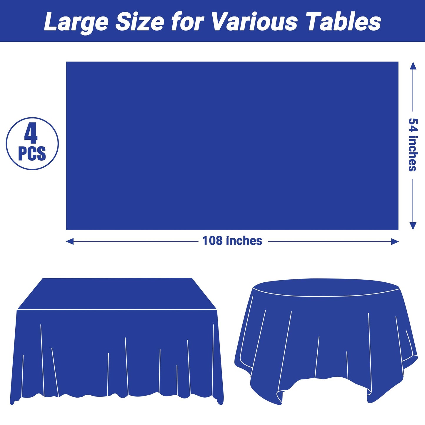 QZYL 2 Pack Picnic Table Cover, 108 x 54 Inches Blue Plastic Tablecloth, Disposable Tablecover Blue Tablecloth for Rectangle Table, Waterproof Party Supplies for Birthday Wedding Gathering