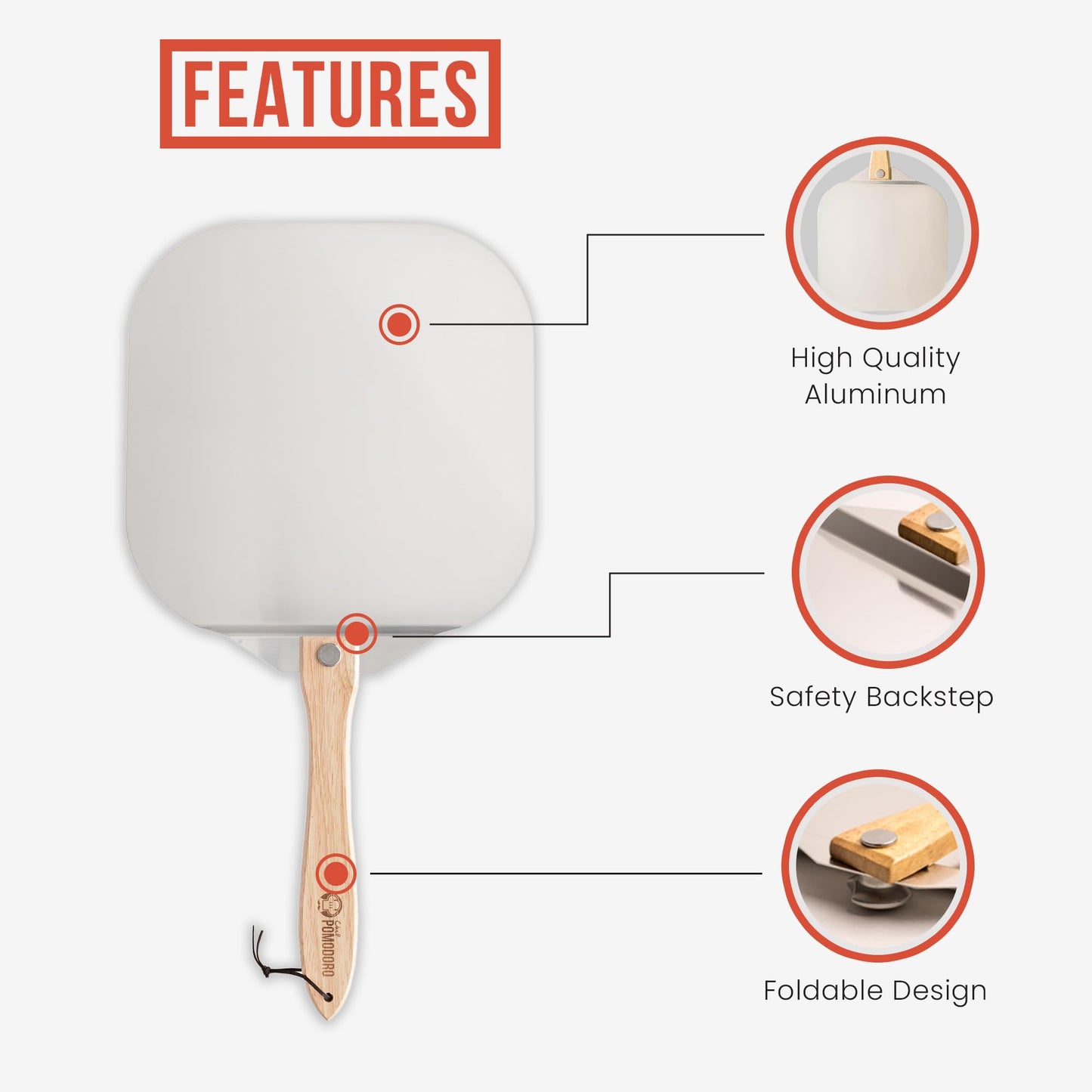 Chef Pomodoro Pizza Peel 16 inch, Pizza Spatula with Foldabe Wood Handle for Easy Storage, Pizza Accessory for Homemade Pizza