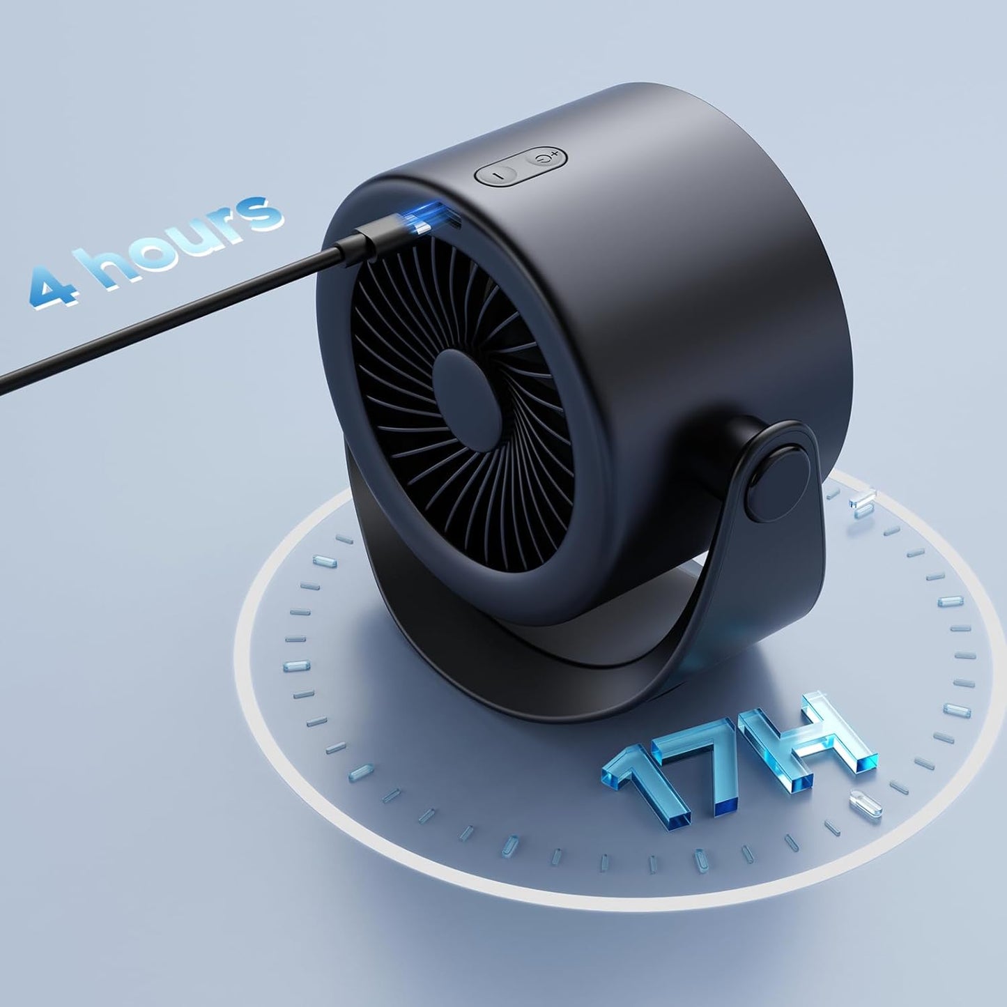 MORECORE Portable Desk Fan - Turbo Quiet with Strong Airflow, 360° Rotation, 5 Speeds, 4000mAh Battery, LED Display - Black
