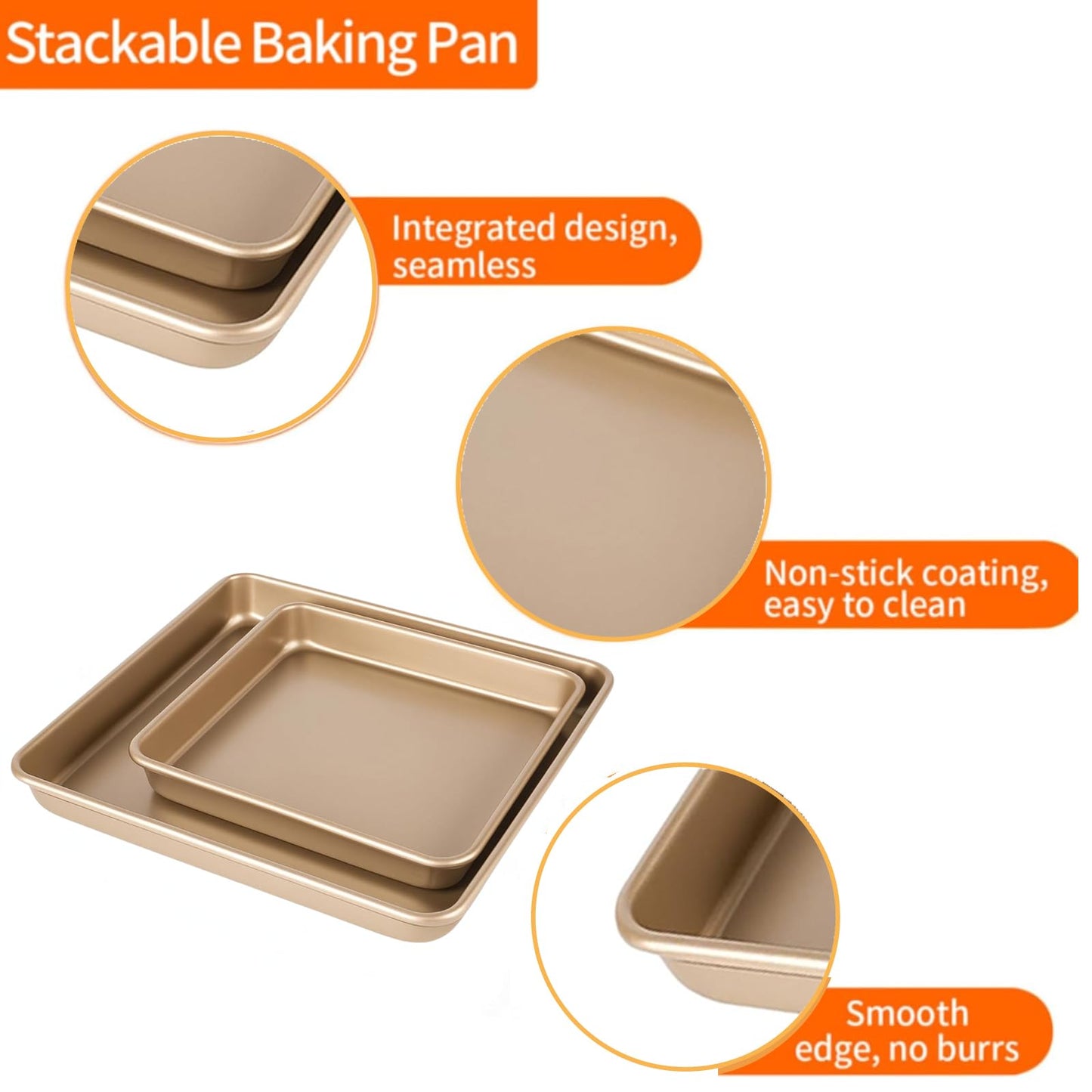 Barlket Square Baking Sheet 11x11 Inch and 9x9 Inch, Heavy Duty Non-Stick Baking Pan 28x28 for Toaster Oven, for Bread, Brownie and Cookie, Heats Evenly and Easy Release, Set of 2, Champagne Gold