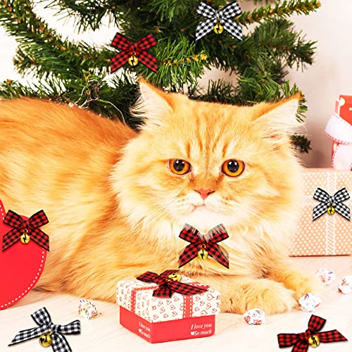 50 Pieces Christmas Bow with Bell Mini Plaid Buffalo Plaid Bow Gingham Xmas Bells for Christmas Tree Crafts Home Decoration DIY Making Ornament(Black and White, Red and Black)