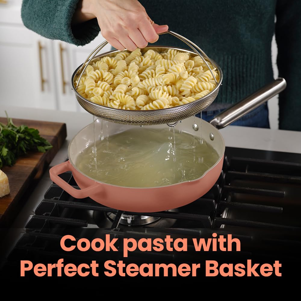 Nutricook 10.5” Ceramic Nonstick Pan with Lid, Steamer & Spatula | Oven Safe, Induction Compatible | 10-in-1 Multi-Function Cookware for Saute, Frying, Searing, Steaming & Baking, Canyon Sunset