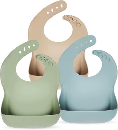 Eascrozn Silicone Bibs - Set of 3 Soft, Adjustable, BPA-Free Waterproof Feeding Bibs for Babies
