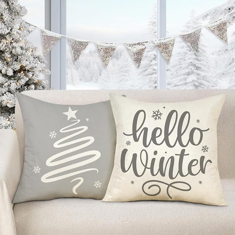 4PACK Gray 18x18 Pillow Covers Set of 4 – Farmhouse Snowflake Hello Winter Christmas Decor