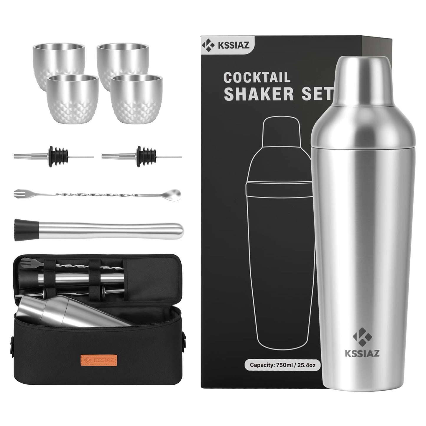 Kssiaz Cocktail Shaker Set with Stackable Cups, Vacuum Insulated Stainless Steel Martini Shaker Set, Portable Travel Bartender Kit with Bartender Accessory Tools, 25.4oz, Silver