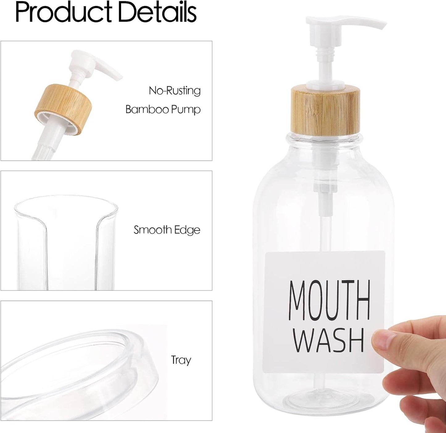 Skiennix Mouthwash Dispenser - 16oz Clear Plastic Bottle with Cup Holder & Tray for Bathroom