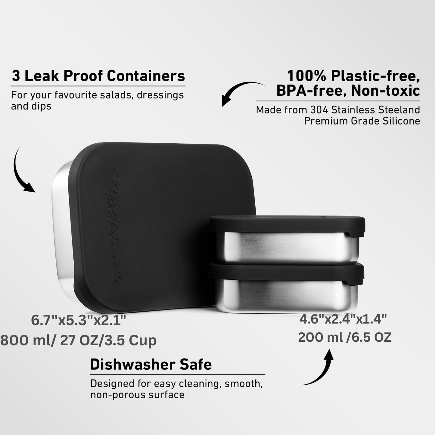 Modaniam 27 OZ Leak proof Stainless Steel Lunch Box containers, Stainless Steel Lunch Containers, Bento box, Metal Lunch Containers, Snacks container, Black, Small - 27 Oz+ 2 * 6.5Oz