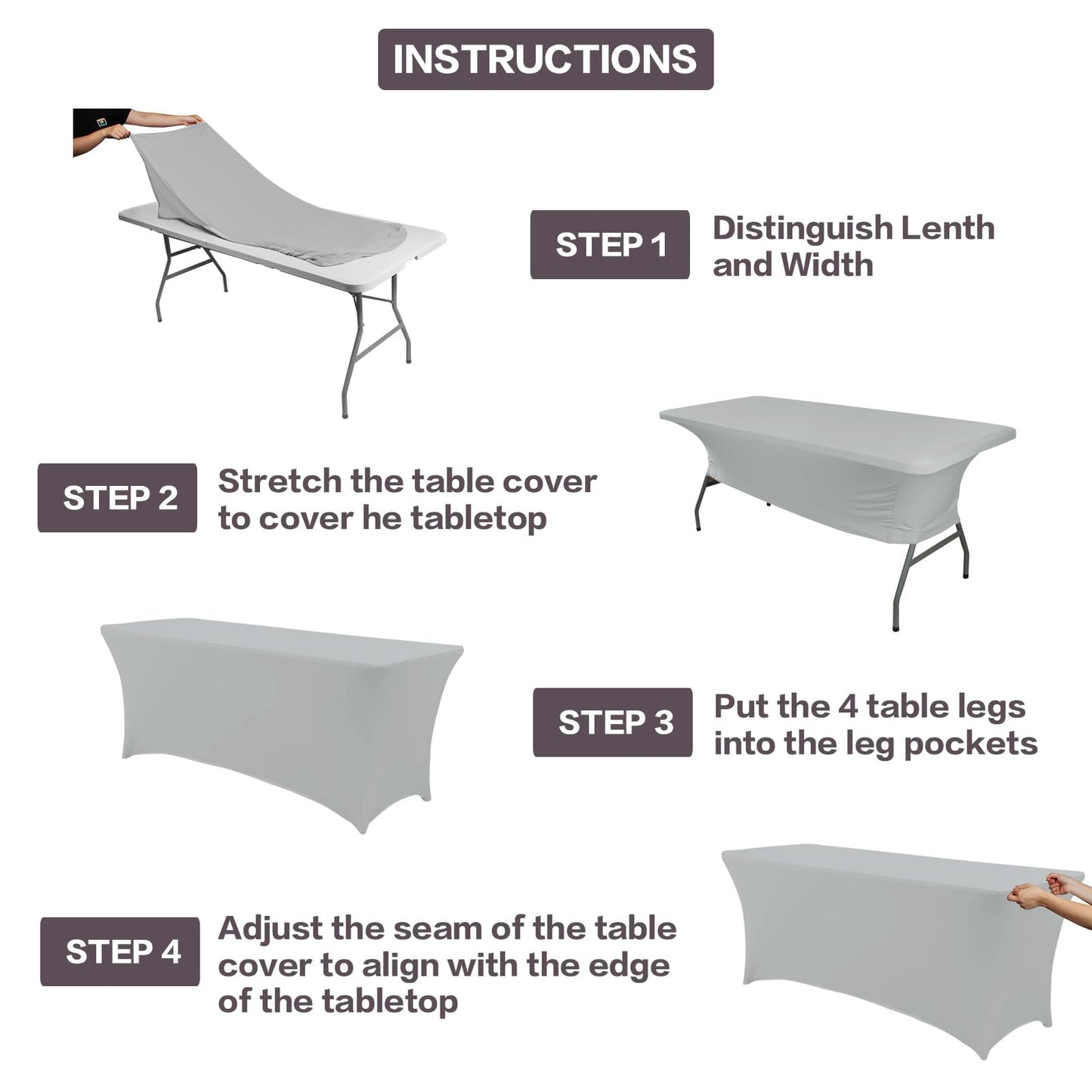 IVAPUPU 2 Pack 4FT Table Cloth for Rectangular Fitted Events Stretch Grey Table Covers Washable Cover Spandex Tablecloth Protector for Party, Wedding, Cocktail, Banquet, Festival