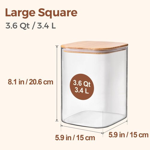 ComSaf Glass Food Storage Containers - 3.6Qt Airtight Cereal Jars with Bamboo Lids | Ideal for Rice, Pasta, Grains