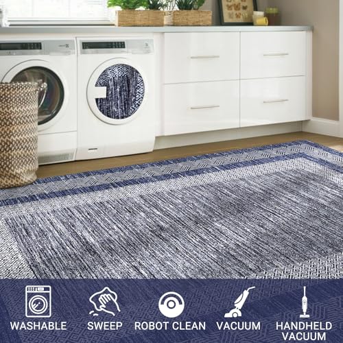 Blue 8x10 Washable Distressed Area Rug - Modern Geometric Floor Carpet
