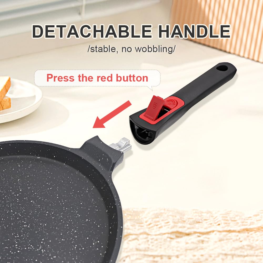 RANX INGST Non Stick Crepe Pan with Detachable Handle, 10 Inch Cast Aluminium Dosa Tawa Tortilla Pan, Pancake Pan Induction Compatible - Black