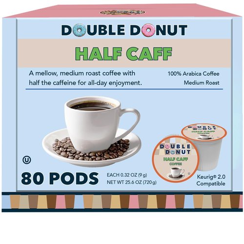 Double Donut Coffee Half Caff Pods - Single Serve Medium Roast for Keurig | 80 Count