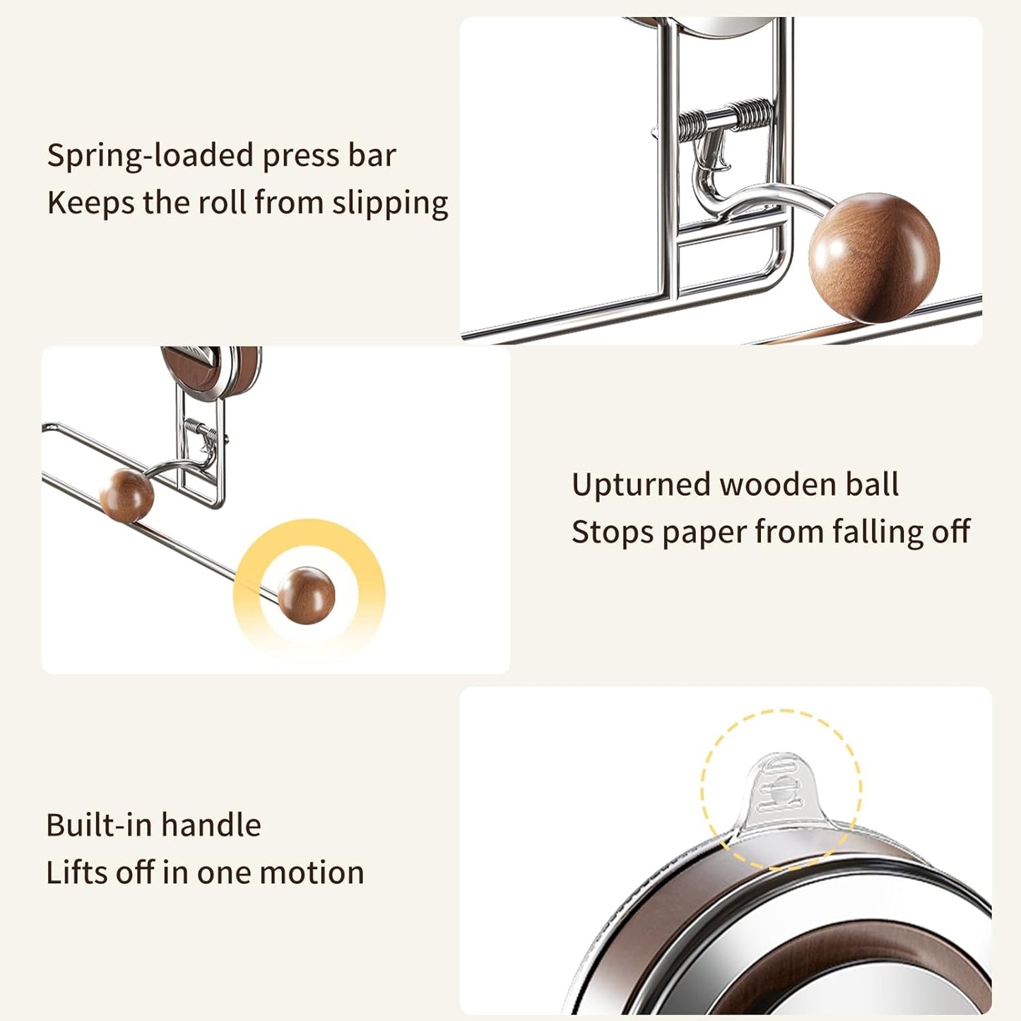 Skiennix Kitchen Paper Towel Holder - Suction Cup Design, Stainless Steel & Wood, No Drill, Large Size