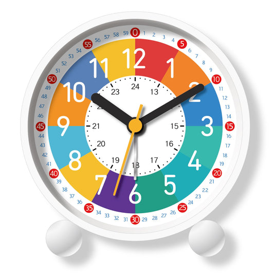 TKCHAX Analog Alarm Clock for Kids Learn to Tell Time with Colorful Dial, Silent Clock Movement, Battery Operated with Back-Light, for Kids,Teens, Travel and Nice Bedroom Decor (White)