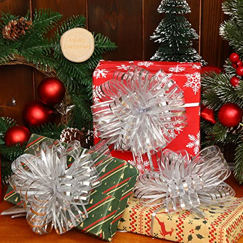 Poen 8 Inch Silver Gift Wrapping Bow - 12 Large Organza Ribbon Bows