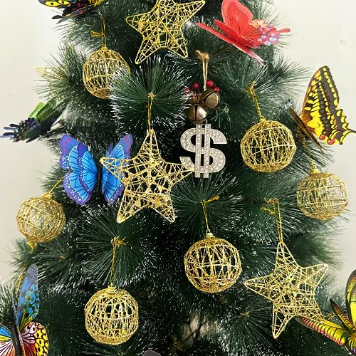 KEYDUACU 2.36-inch Gold Christmas Ornaments & Star Set - 16 Pcs