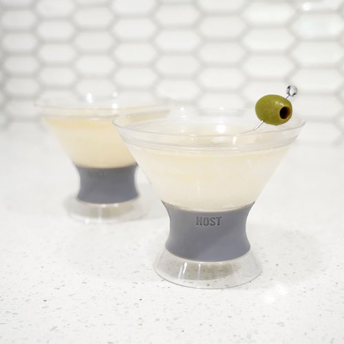 Host Freeze Insulated Martini Cooling Cups for Espresso Martinis, Gifts for Mom, Housewarming Gifts for Women, Plastic Freezer Gel Chiller Double Wall Stemless Cocktail Glasses, Set of 2, 9 oz, Gray