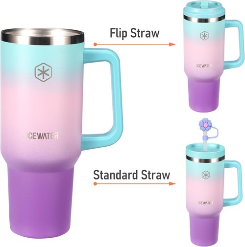 ICEWATER 40 oz Insulated Tumbler - 100% Leak Proof with 2 Lids & Handle | Stainless Steel in Violet