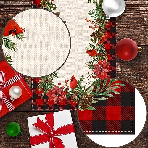 Christmas Cardinal Table Runner 13x90 inches Buffalo Plaid Holiday Decor