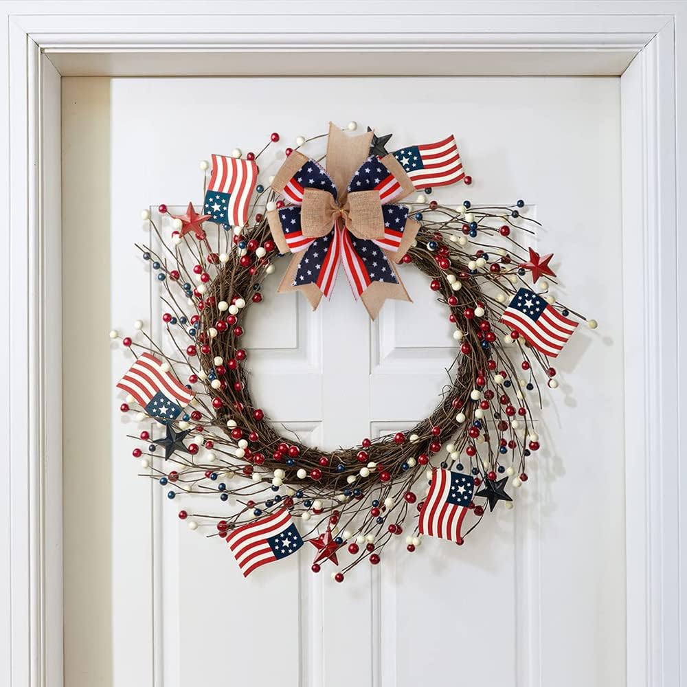 Meseey Patriotic Bows for Wreaths - Large Burlap Red, White & Blue Stripe Stars Bow | 12” x 9.4” for 4th of July Decor