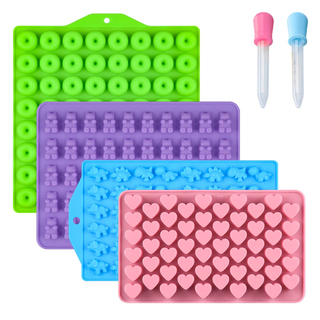 Gummy Molds, Bear Dinosaur Heart Mini Donut Silicone Gummy Molds with 2 Droppers, Pack of 4 Silicone Candy Mold