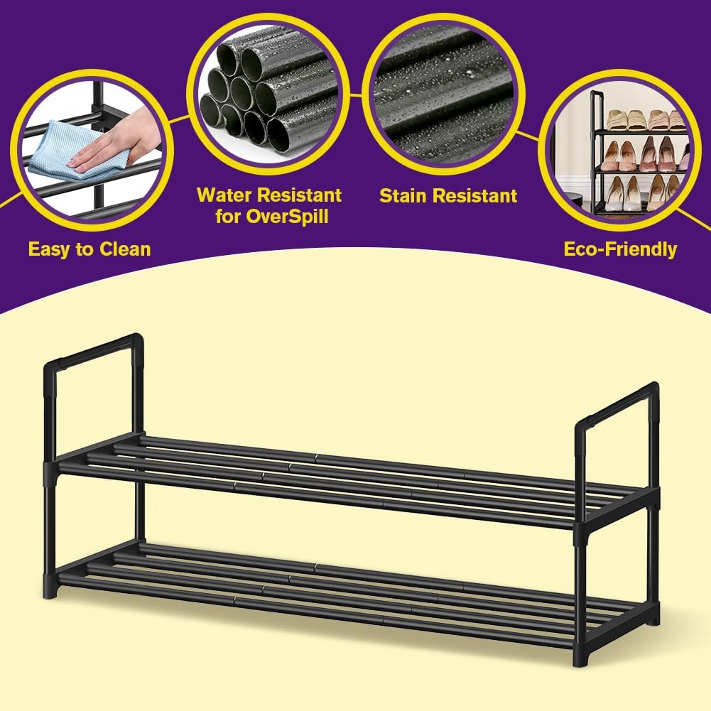 Metal Shoe Rack Organizer by [Brand Name] - Stackable Storage Shelf for Entryway | 2-Tier Black Design (30cm x 92cm x 55cm)