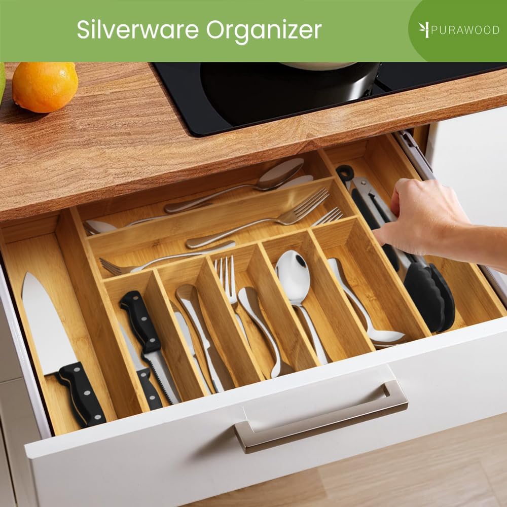 Purawood Bamboo Drawer Organizer - Expandable Cutlery Tray with Dividers | 7-9 Slot Kitchen Utensil Storage (Natural)