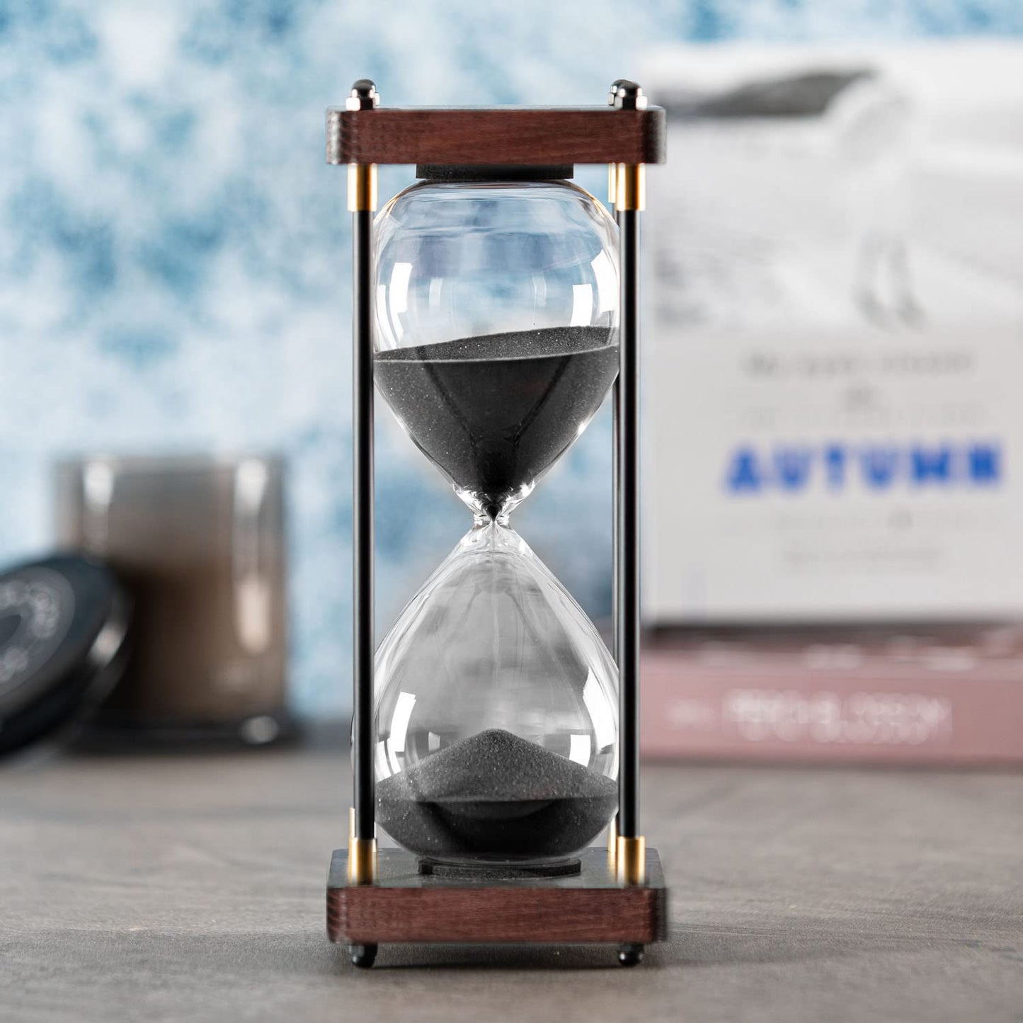 Large Hourglass Timer 60 Minute, Decorative Wooden Sand Timer with Black Sand, 1 Hour Sand Clock