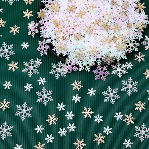 MARFOREVER Snowflake Confetti Decorations, Christmas Snowflake Glitter Confetti White Gold Winter Scatter Sprinkle Table Centerpiece for Winter Wonderland Snow Wedding Birthday Holiday Party Supplie