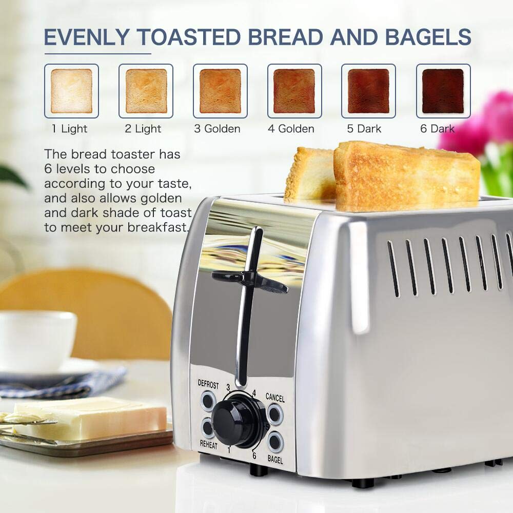 prepAmeal Toaster 2 Slice Stainless Steel Bagel Toaster Extra Wide Slots with 6 Browning Setting, Bagel/Reheat/Defrost/Cancel Function for Toasting Bread, Bagels and Waffles, 750W, Silver