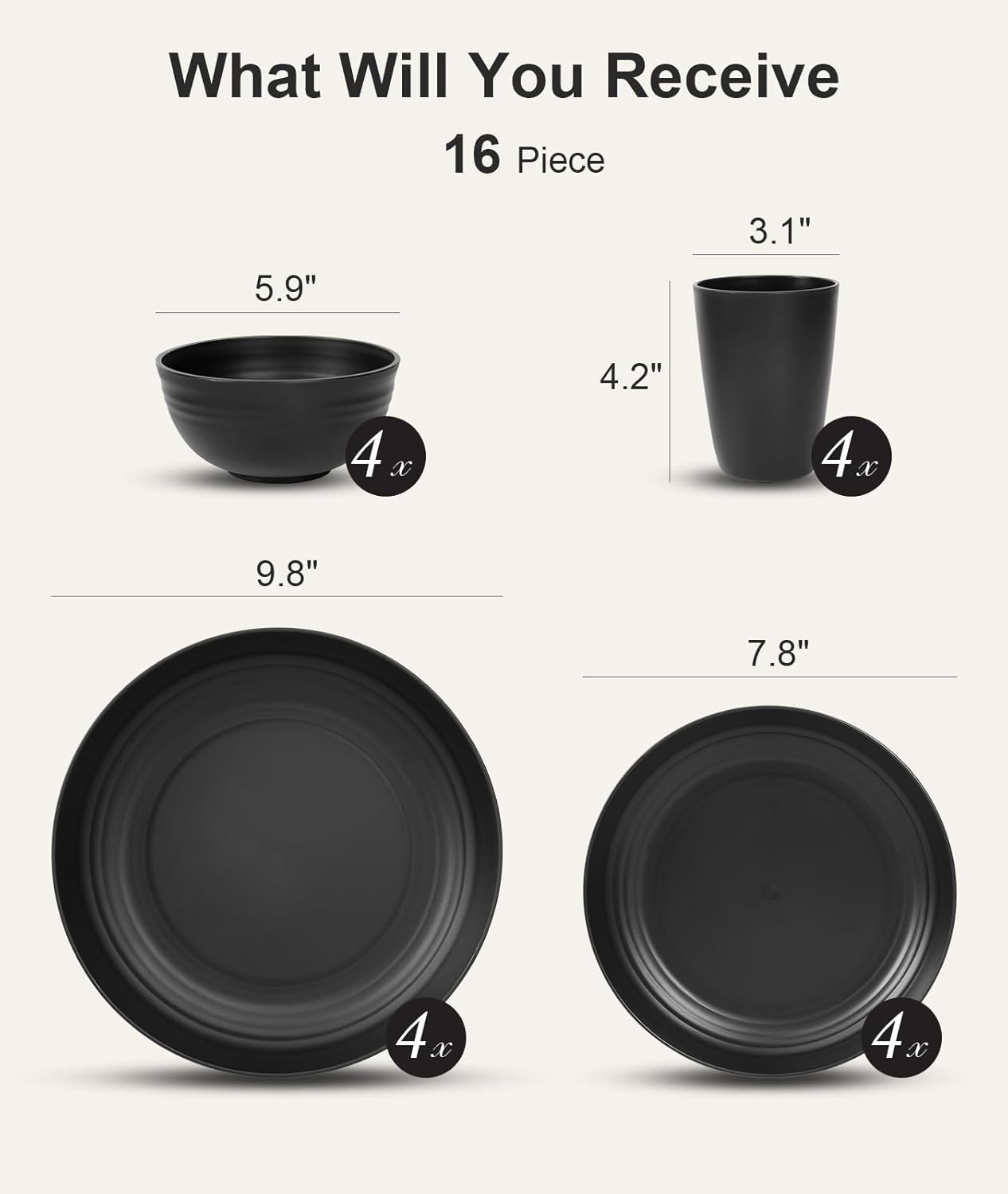 Quatish Unbreakable Dinnerware Set - 16 Piece Plates & Bowls for 4 | Dishwasher & Microwave Safe, Black