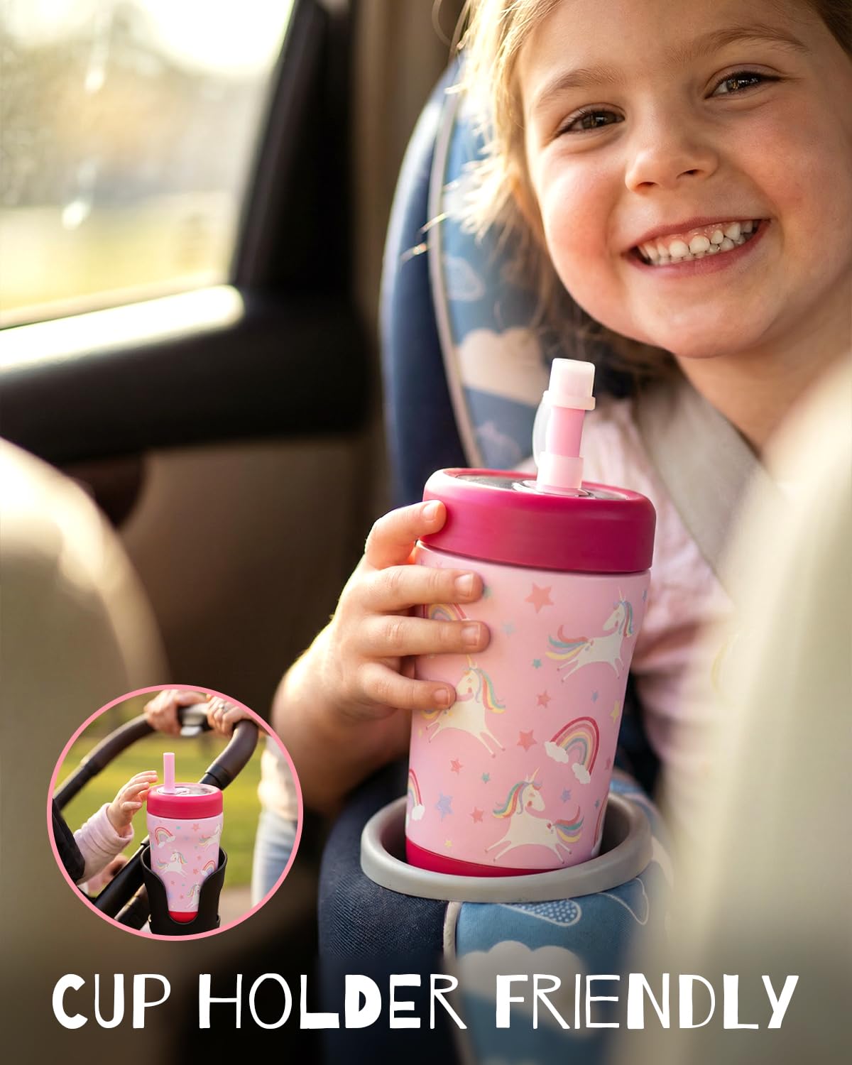Zukro 12 oz Kids Insulated Stainless Steel Tumbler with Flexible Straw, Spill Proof Double-wall Toddlers Cup with Tritan Lid for Travel or At Home, BPA Free, Non-slip - Dinosaur & Unicorn