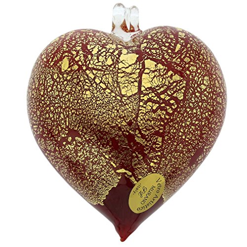 Murano Glass Heart Christmas Ornament - Handmade Venice Red Gold Decor