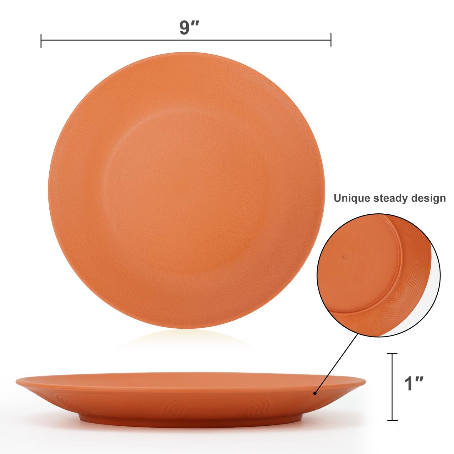 Homienly Flat Dinner Plate Set of 8 - Alternative for Plastic, Microwave and Dishwasher Safe, Wheat Straw Dinnerware for Kitchen, Unbreakable Kids (Orange, 9 Inch), MS 01