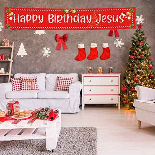 Ushinemi Happy Birthday Jesus Banner Christmas Party Decorations for Outdoor Yard Decor Sign,9.8X1.6 Ft