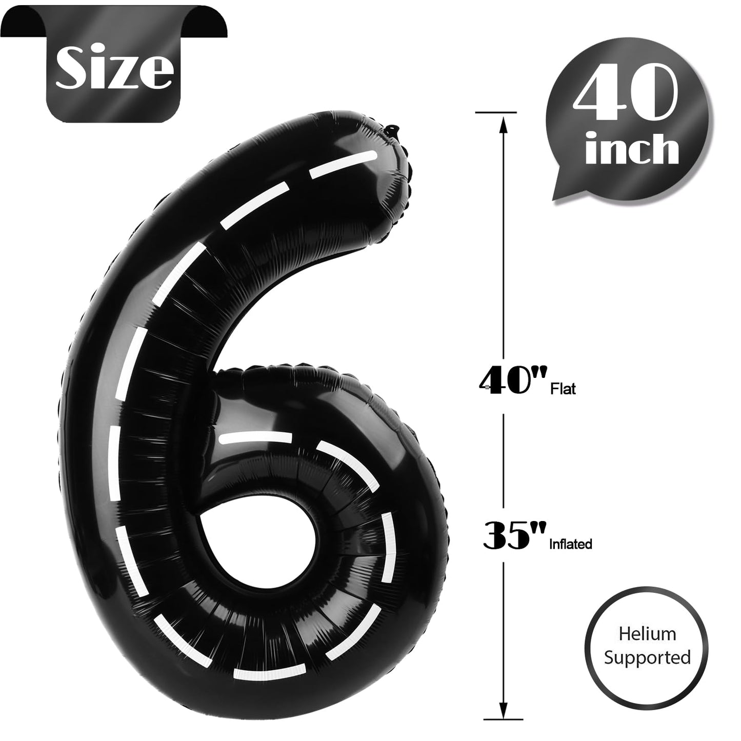 Race Car 6 Balloon, Number Balloons 40 Inch, 6th Black Balloons for Birthday Decorations, Black Race Party Decorations 6 Birthday Balloon, Number 6 Balloon