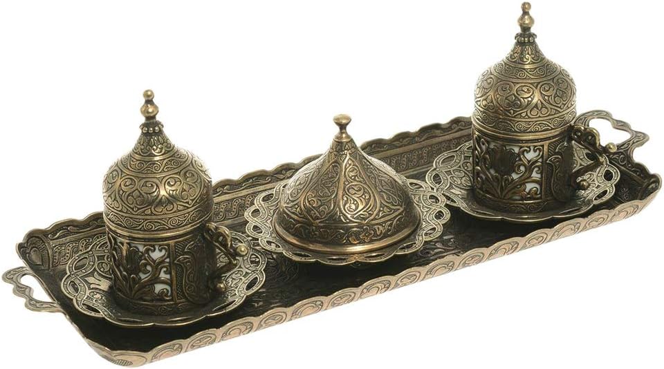 Alisveristime Authentic Turkish Coffee Cup Set: Zamak & Porcelain, Tulip Motifs (Set of 2) (Lale) (Gold)