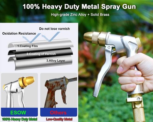 ESOW Heavy Duty Metal Garden Hose Nozzle - High Pressure with 4 Spray Patterns | Ideal for Lawn, Garden, Car & Pet Washing, Silver