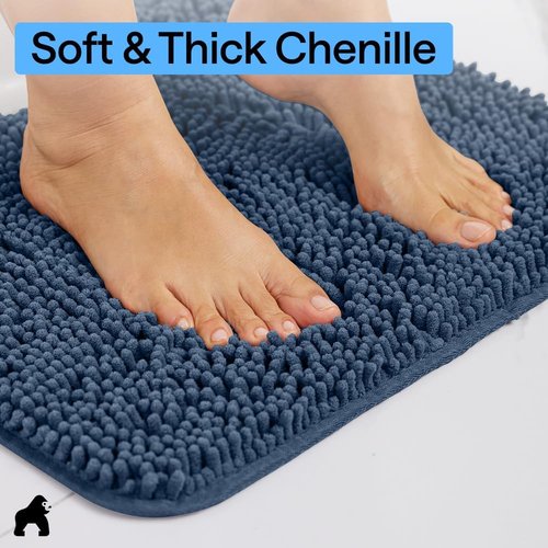 GORILLA GRIP Plush Chenille Bath Rug Mat - Soft Microfiber for Oval Toilet Base | Navy Blue, Machine Washable
