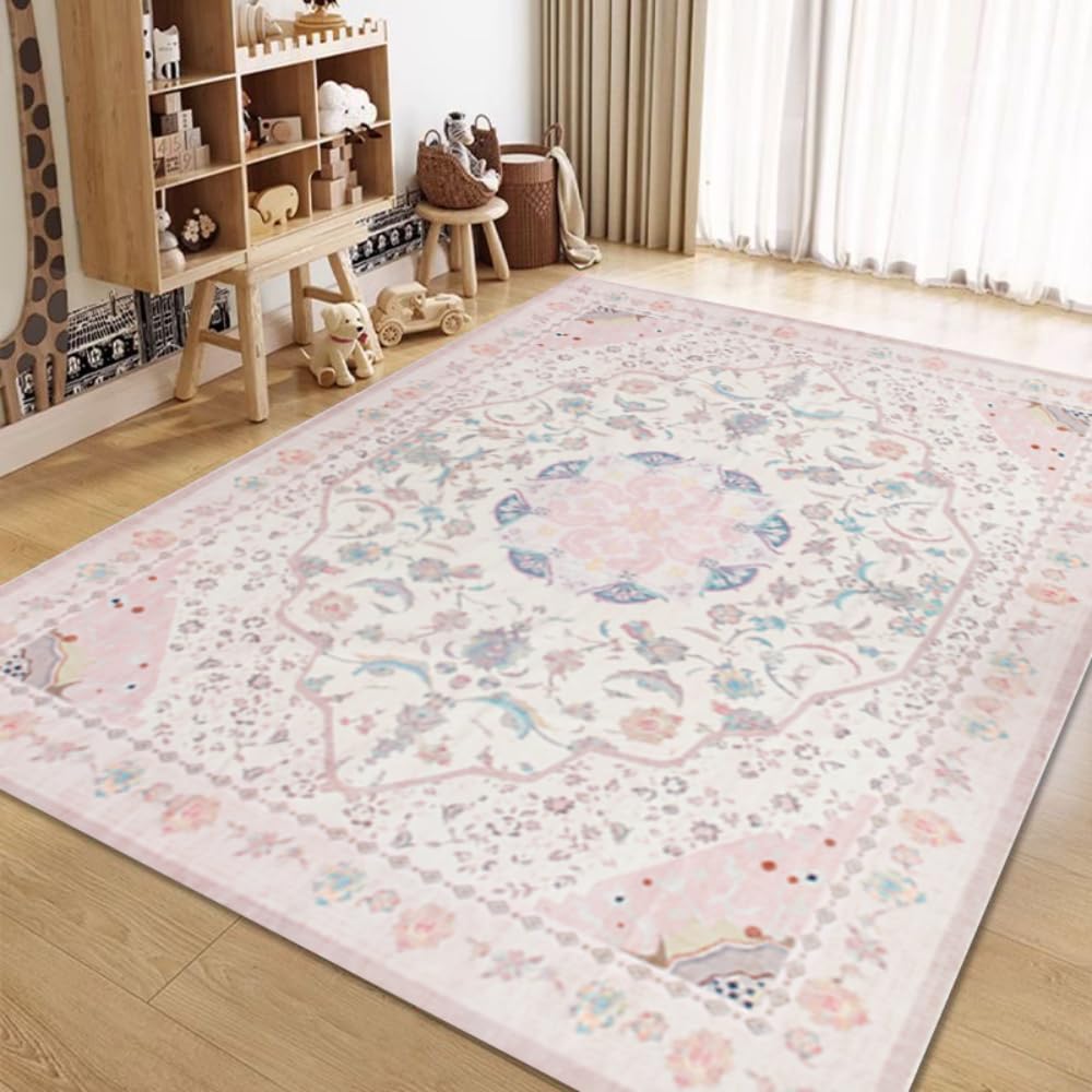auruge Area Rug - Vintage 3x5 Non-Slip Backing Area Rugs Light Pink Soft Faux Wool Carpet Foldable & Machine Washable Rugs for Living Room Bedroom Dining Room Nursery Home Office