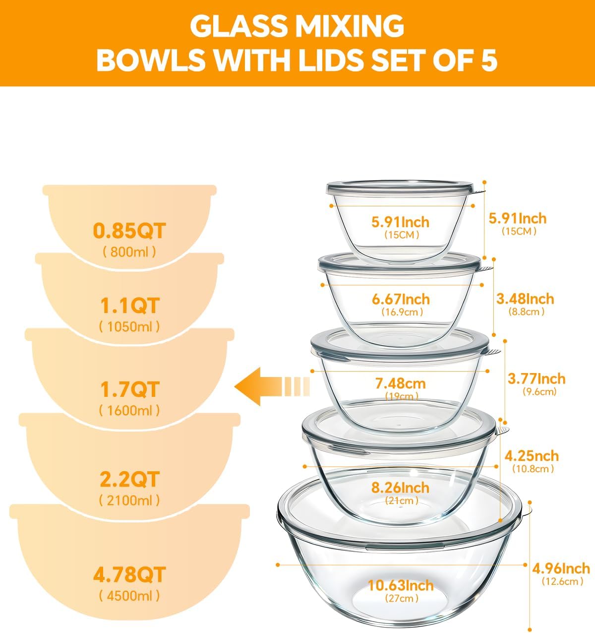 Skiennix Glass Mixing Bowls Set of 5 - Thick Nesting Bowls with Lids for Baking & Storage | Dishwasher & Microwave Safe