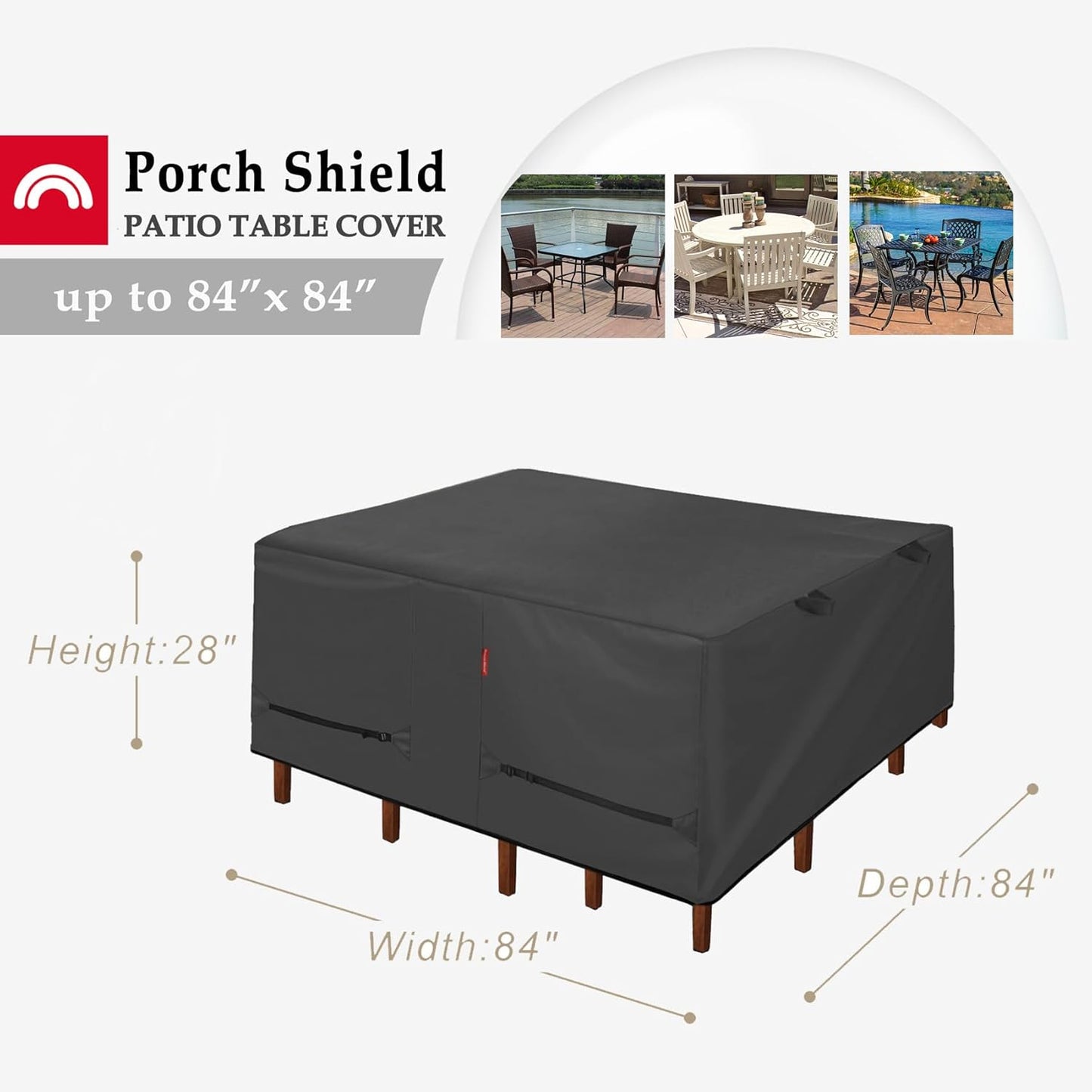 Porch Shield Patio Table Cover - Waterproof Square Outdoor Dining Set Cover | 84 x 84 Inch, Black