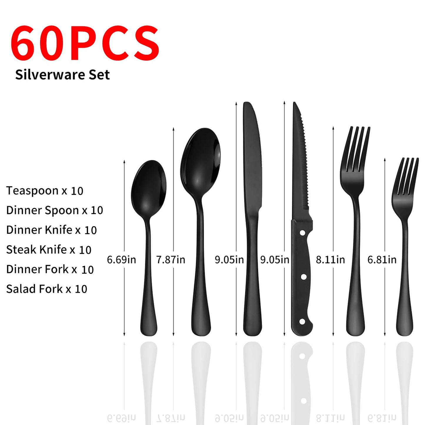 60-Piece Black Silverware Set with Steak Knives Black Stainless Steel Flatware Set for 10 Food Grade Tableware Cutlery Set Rust-proof, Mirror Polished, Dishwasher Safe