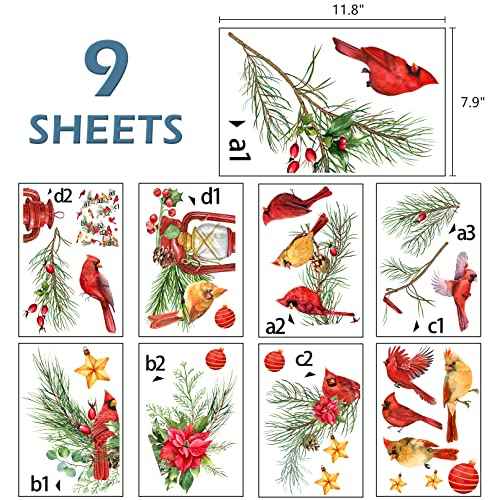 Mfault Winter Cardinal Window Clings 9 Sheets, Christmas Red Birds Glass Stickers Decal Poinsettia Pine Cone Bedroom Decorations, Xmas Kerosene Lamp Tree Branches Home Kitchen Living Room Decor
