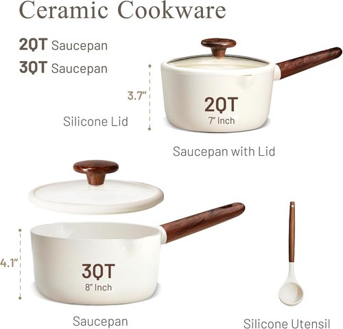 CAROTE Sauce Pan Set - 2QT & 3QT Nonstick Ceramic Pots with Lid & Ladle | Easy to Clean, Induction Compatible, White