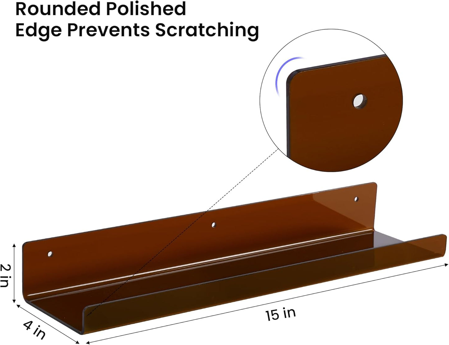 Upsimples Acrylic Wall Shelves - 15" Floating Display Shelf Set for Perfume & Books | Clear Brown, 4 Pack