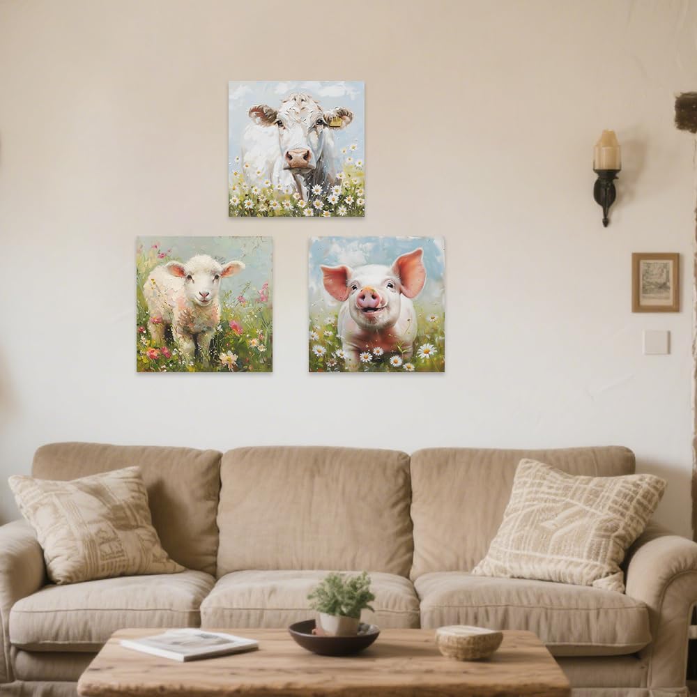 ZXHYWYM Flower Farm Animal Wall Art - Cute Lamb, Pig & Cow Canvas Prints for Kid's Room | 3-Piece Set (12"x12")