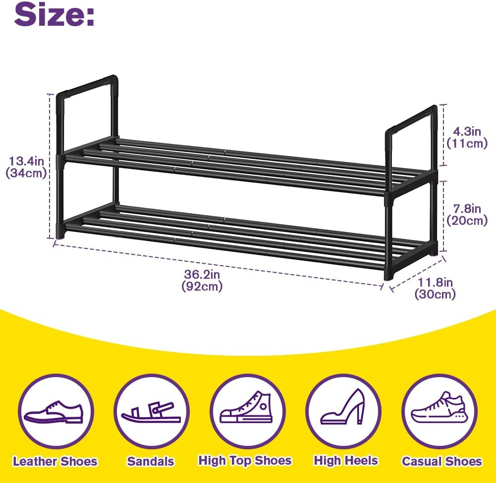 Metal Shoe Rack Organizer by [Brand Name] - Stackable Storage Shelf for Entryway | 2-Tier Black Design (30cm x 92cm x 55cm)