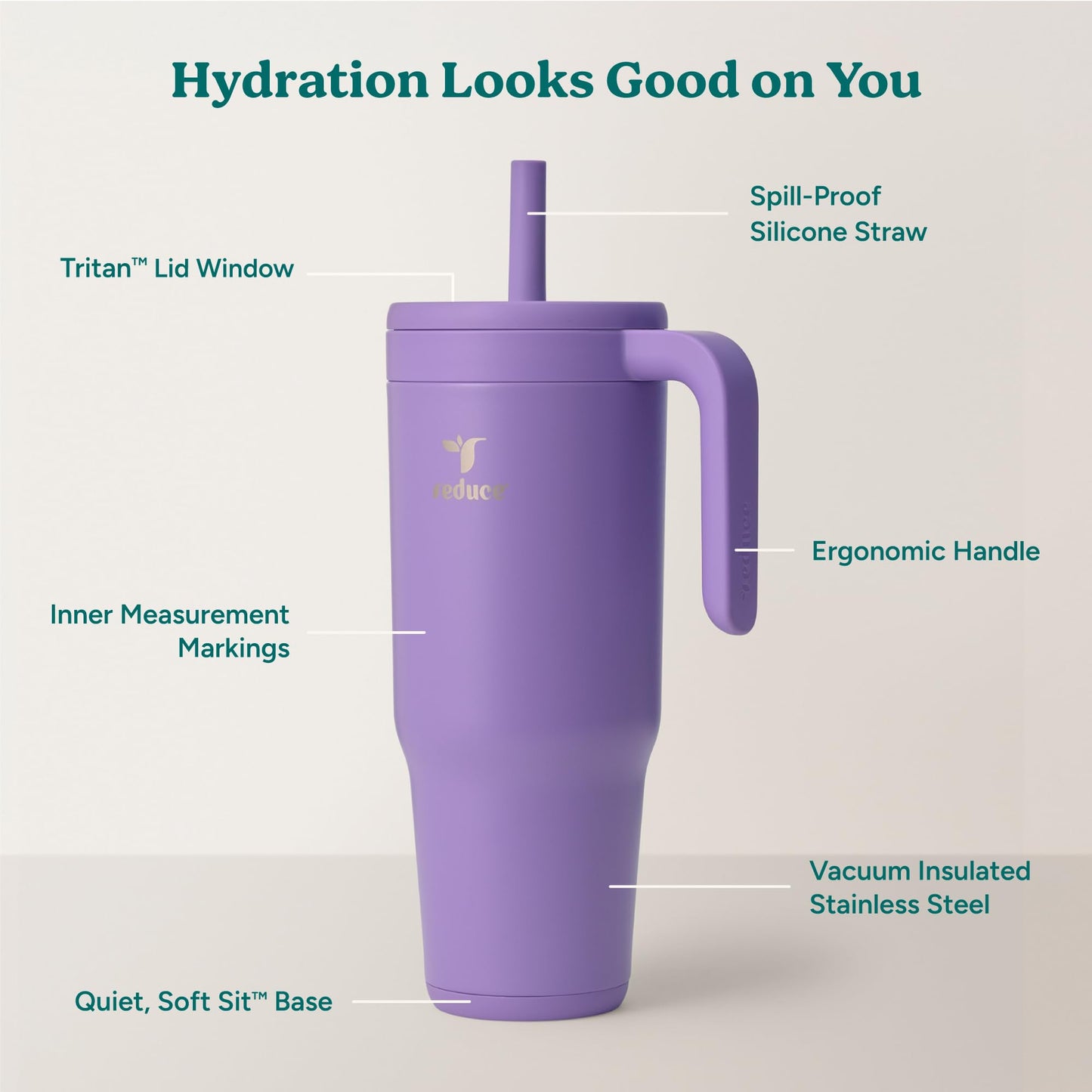 REDUCE Chiller Vacuum Insulated 40 oz Tumbler with Spill-Proof Silicone Straw - Sustainable Tritan Lid with Water Intake Markers - Soft Sit Base Travel Mug - Dishwasher Safe - Purple Punch